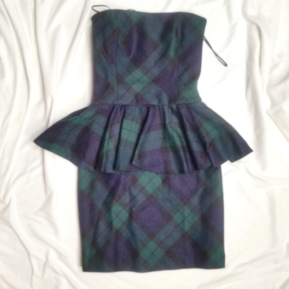 Ralph Lauren Plaid Dress Blue Green Wool Strapless - Picture 6 of 9
